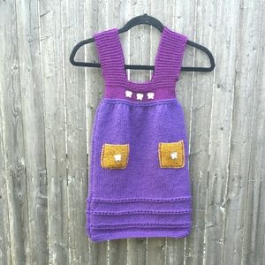 Hand Crafted Handknit Girls Purple Wool Blend Butterfly Jumper Dress S 4/5